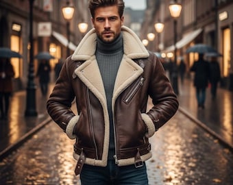 Echt leren herenjas van schapenvacht bontkraag winterstijl