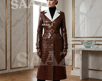 Luxe lederen trenchcoat voor dames, handgemaakt ontwerp met krokodillenreliëf