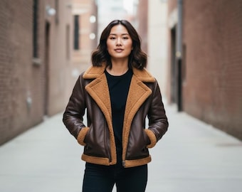Women's Genuine Leather Jacket with Fur Collar  Handmade Winter Coat