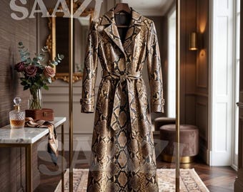 Luxe lederen lange jas handgemaakte slangenprint mode bovenkleding