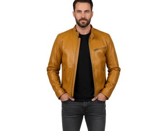 Handgemaakt geel leren bikerjack, herenbovenkleding