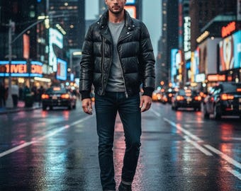 Herren Echtleder Steppjacke Klassischer Gesteppter Ledermantel Warme Stilvolle Oberbekleidung
