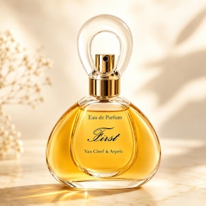 May include: A clear glass perfume bottle filled with amber liquid, featuring a rounded base and a distinctive circular loop cap. The front of the bottle displays the text Eau de Parfum, First, and Van Cleef & Arpels in black lettering.