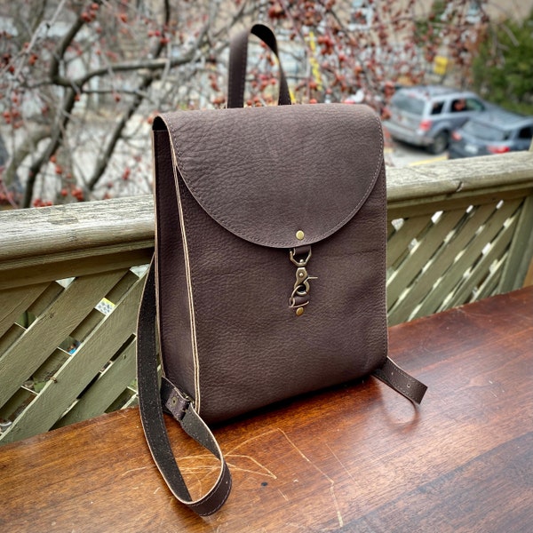 Handmade Leather Backpack Purse Tall | Dark brown | interior pockets