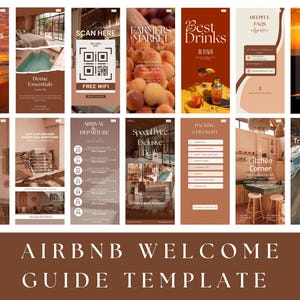 Puede incluir: Un conjunto de plantillas de guías de bienvenida de Airbnb con varias secciones. Las plantillas presentan imágenes de una puesta de sol en la playa, un dormitorio, un código QR para WiFi gratis, melocotones, cócteles, preguntas frecuentes y una cocina. El texto incluye "Actividades imprescindibles", "Elementos esenciales del hogar".