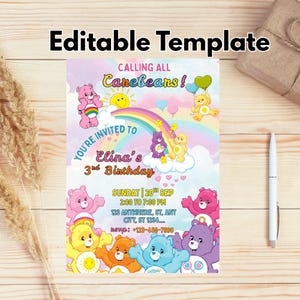 May include: A colorful invitation template featuring Care Bears, a rainbow, and the text "Elina's 3rd Birthday." The design includes the words "Calling All Carebears!" and event details. The invitation is on a wooden surface.