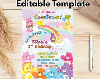 Care Bears Birthday Invitation | Editable Girl Party Invite | 2nd Birthday Invitation | Rainbow Teddy Bear Theme | Canva Template