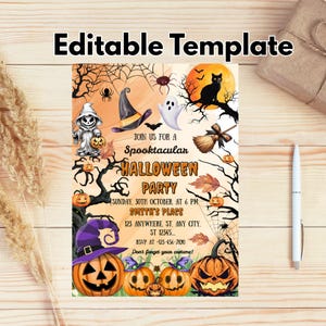 Op de afbeelding: Halloween-feestuitnodiging met oranje pompoenen, een zwarte kat en een heksenhoed. De uitnodiging bevat de tekst "Join us for a Spooktacular Halloween Party" en evenementdetails. De woorden "Editable Template" staan bovenaan.
