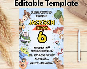 Kids Editable Toy Story Birthday Invitation Template, Printable Birthday Party Invitations, Digital kids Birthday invites Canva