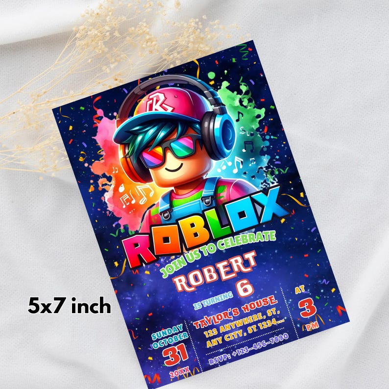 May include: A 5x7 inch Roblox-themed birthday invitation. The design features a cartoon character wearing headphones and sunglasses, with the Roblox logo in vibrant colors. Includes party details: name, age, date, time, and location.