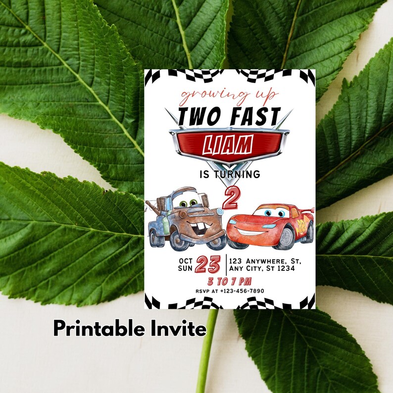 May include: A printable invitation featuring the text "growing up TWO FAST" and "LIAM IS TURNING 2". The design includes illustrations of two cartoon cars and a checkered flag border. The invitation also includes the date, time, and RSVP information.