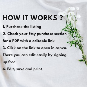 May include: White background with the text "HOW IT WORKS ?" and numbered steps: Purchase the listing, check Etsy purchase section, click link to open in Canva, edit, save, and print. A sprig of white flowers is in the corner.