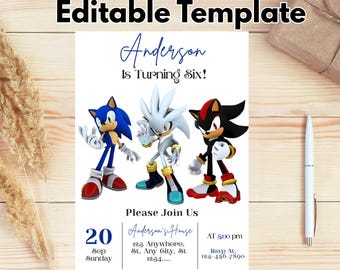 Sonic Editable Birthday Invitation, Hedgehog Party Invitation Template Printable, For Boy and Girl Invitation, Invite Instant Download
