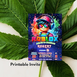 May include: A colorful Roblox-themed birthday invitation. The design features a Roblox character wearing headphones and sunglasses, with the Roblox logo prominently displayed. Includes party details: date, time, and location. The words "Printable Invite" are at the bottom.