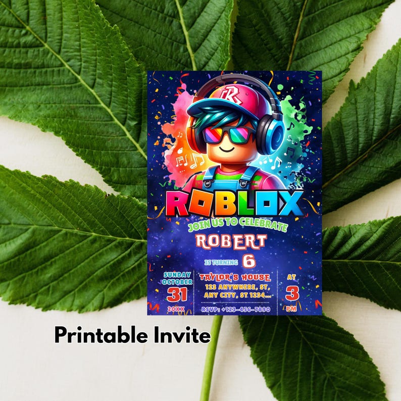 May include: A colorful Roblox-themed birthday invitation. The design features a Roblox character wearing headphones and sunglasses, with the Roblox logo prominently displayed. Includes party details: date, time, and location. The words "Printable Invite" are at the bottom.