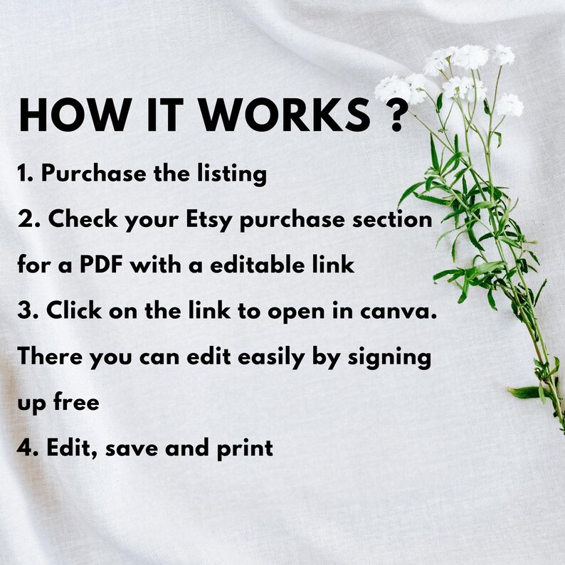 May include: White background with the text "HOW IT WORKS ?" and numbered steps: Purchase the listing, check Etsy purchase section, click link to open in Canva, edit, save, and print. A sprig of white flowers is in the corner.