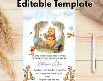 Editable Winnie the Pooh Baby Shower Invitation, Digital Invitation Oh Boy, Blue Winnie The Pooh Invitation, Pooh Printable Template