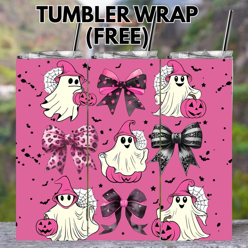 May include: Pink tumbler wrap featuring Halloween-themed designs. The wrap includes cartoon ghosts, bows, and pumpkins. The text "TUMBLER WRAP (FREE)" is at the top. The design is repeated across the tumbler.