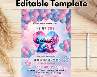 Editable Stitch Gender Reveal Invitation Template, Angel Stitch Gender Reveal Evites Canva, Printable Pink Blue Stitch Baby Shower Invites
