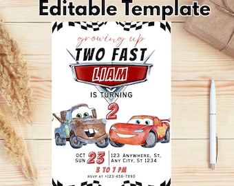Cars Birthday Party Invitation, Lightning Mcqueen Birthday, Cars Party Invite, Second Birthday Party Invitation, Two Fast, 2, Two Mater Cars