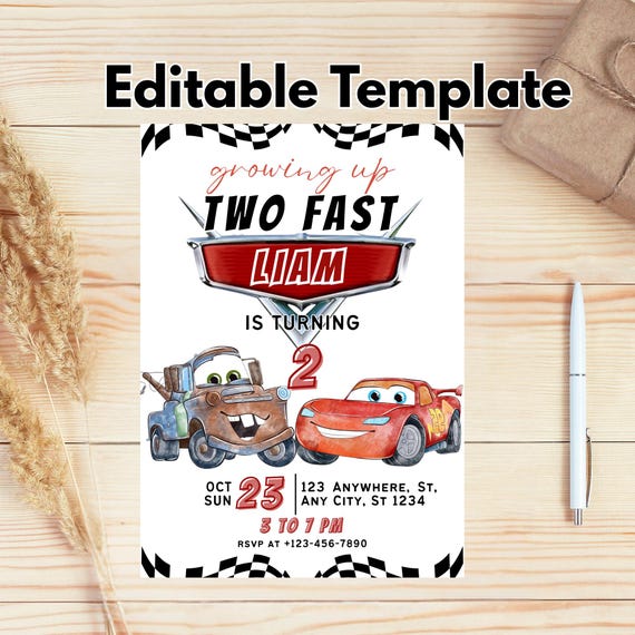 Cars Birthday Party Invitation, Lightning Mcqueen Birthday, Cars Party Invite, Second Birthday Party Invitation, Two Fast, 2, Two Mater Cars