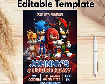 Editable Sonic 3 Birthday Invitation, Super Sonic Party Invitation Template, Super Hedgehog Boys Party Invite, Canva Invite Instant Download