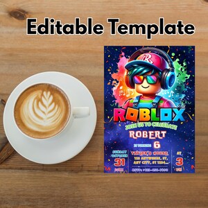 May include: A latte in a white cup and saucer sits on a wooden surface next to a colorful Roblox-themed birthday invitation. The invitation features a Roblox character, the text "ROBLOX", and party details.