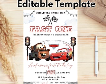 May include: A white invitation template with the text "Editable Template" at the top. The design features the text "FAST ONE" and illustrations of race cars. The invitation includes details for a birthday party, including the date, time, and location.
