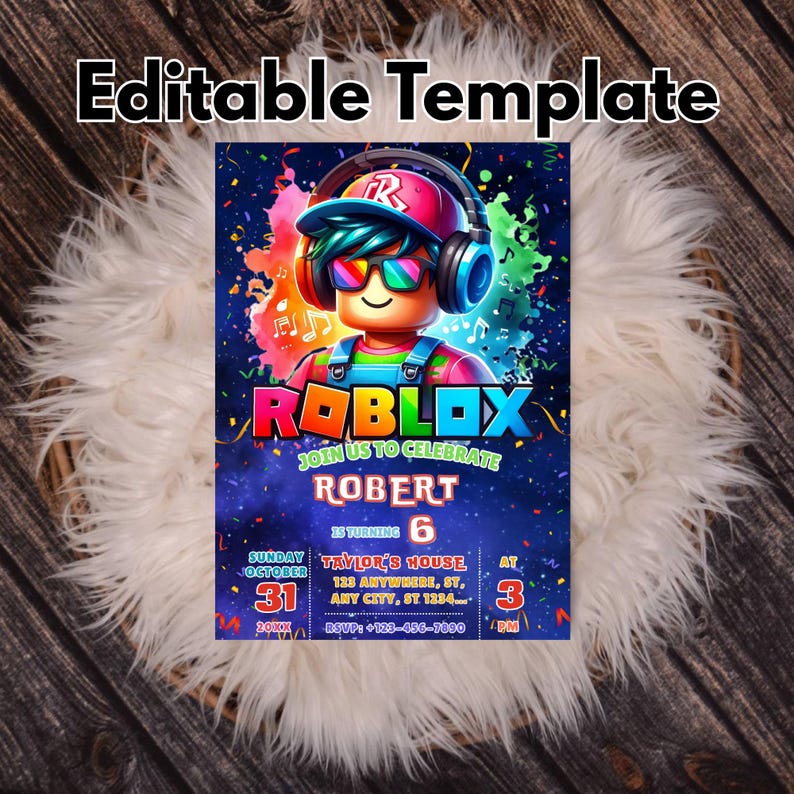 May include: A colorful Roblox-themed birthday invitation template. The design features a Roblox character wearing headphones and sunglasses, with musical notes and the text "ROBLOX" prominently displayed. The invitation includes details for Robert's 6th birthday.