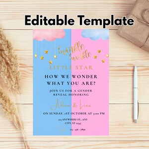 May include: A gender reveal invitation template in blue and pink. The text "Twinkle Twinkle Little Star" is in gold script. The invitation includes event details and the names "Adam & Lina".