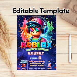 May include: A vibrant Roblox-themed birthday invitation. The design features a Roblox character wearing headphones and sunglasses, set against a colorful background. The invitation includes the text "Editable Template", the name "Robert", and party details.