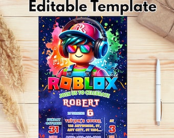 Roblox Invitation, Roblox Invite, Game Party, Roblox Boy Birthday Invitation Template, Game Birthday, Kids Roblox, Editable Template, Canva
