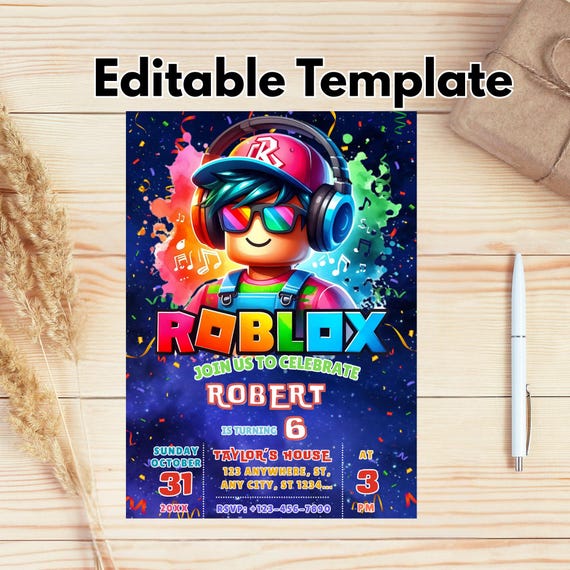 Roblox Invitation, Roblox Invite, Game Party, Roblox Boy Birthday Invitation Template, Game Birthday, Kids Roblox, Editable Template, Canva