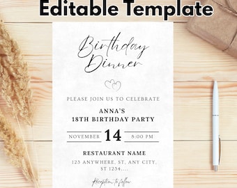 Birthday Dinner Invitation, Editable Birthday Dinner Digital Invite, Dinner Invitation Template, Minimal Birthday Invite, Any Age Invite