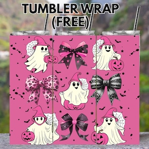 May include: Pink Halloween-themed tumbler wrap featuring cartoon ghosts, bows, and pumpkins. The ghosts wear pink witch hats and hold jack-o'-lanterns. The design includes bats and spiderwebs. Text at the top reads "TUMBLER WRAP (FREE)".