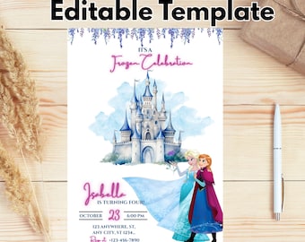 Frozen Theme Birthday Invitation, Girls Birthday Third Invite, Frozen Elsa 3rd Birthday Is turning three Editable Template Digital Download