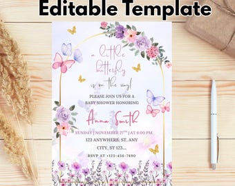 Editable Butterfly Baby Shower Invitation, Pink and Purple Butterfly Invitation, A Little Butterfly Is On The Way, Girl Butterfly Invitation