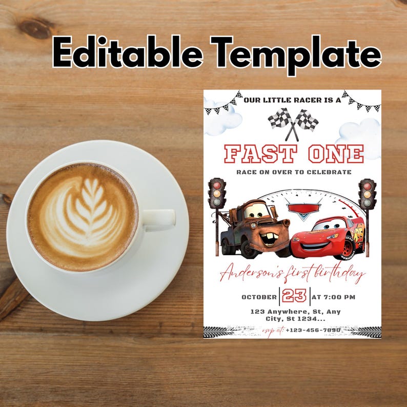 May include: A white coffee cup with latte art sits on a white saucer next to a birthday invitation. The invitation features the text "FAST ONE" with cartoon cars and the words "Anderson's first birthday".