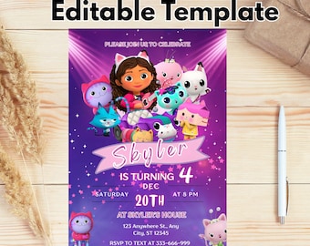 Editable Gabbys Dollhouse Birthday Invitation Template, Digital Gabby Dollhouse Invitation, Digital Bday Party Invite, Invite Bday Card