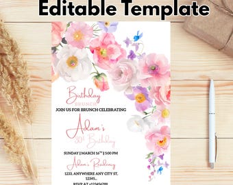 Editable Birthday Brunch Invitation Template | Spring and Summer Wildflowers Birthday Party | Bohemian Boho Floral Birthday Dinner invite