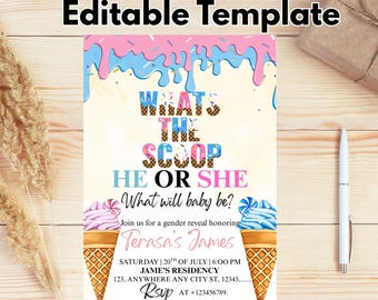 Op de afbeelding: Een gender reveal uitnodiging met de tekst "What's the Scoop? He or She?" in een kleurrijk ontwerp. De uitnodiging bevat details voor het evenement, zoals de datum, tijd en locatie, met ijsje graphics.