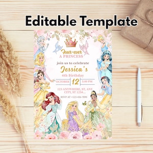 May include: A princess-themed invitation template with the text "Editable Template." The invitation features illustrations of various princesses, floral accents, and event details, including the name "Jessica's" and the date.