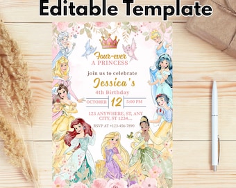 Princess Birthday Four-ever Invitation Princess Invitation Princess Party Invitation Girl Princess Invite Gold Pink EDITABLE Instant Digital