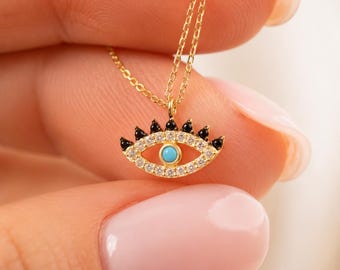 14K Gold Evil Eye Necklace, Turquoise CZ Eye Pendant, Dainty Protection Jewelry