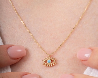 Collar de ojo malvado de oro macizo de 14 quilates: colgante de protección mínima con esmalte turquesa