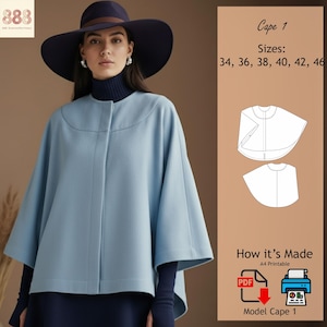 Op de afbeelding: Een lichtblauwe cape met een ronde halslijn en een enkele knoopsluiting. Het model draagt een marineblauwe hoed en coltrui. De afbeelding bevat de tekst "Cape 1" en maatopties. De cape is een naaipatroon, A4 printbaar en Model Cape 1.