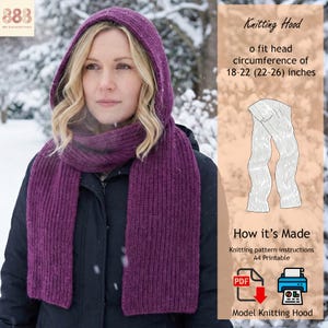 May include: A knitted purple hood and scarf set. The hood fits a head circumference of 18-22 inches. The image includes a diagram of the hood and scarf, and text that says "Knitting Hood" and "How it's Made".