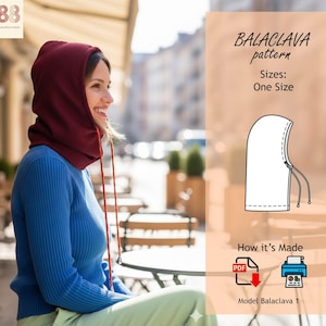 Puede incluir: Una mujer con una balaclava burdeos con cordones, combinada con una camisa azul de manga larga. La imagen incluye un patrón para una balaclava, con el texto "BALACLAVA pattern" y "Sizes: One Size".