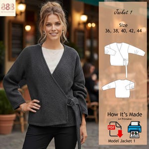 May include: A dark gray wrap jacket with a belt and a diagram of the jacket pattern. The jacket has long sleeves and a V-neck. The text on the image says "Jacket 1" and lists sizes 36, 38, 40, 42, and 44. The image also shows how to make the jacket.