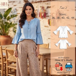 May include: A woman wearing a light blue tunic with a lace-up neckline and bell sleeves, paired with tan pants. The image also shows a sewing pattern for "Tunic 2" in sizes 36, 38, 40, 42, and 44, with a PDF download option.